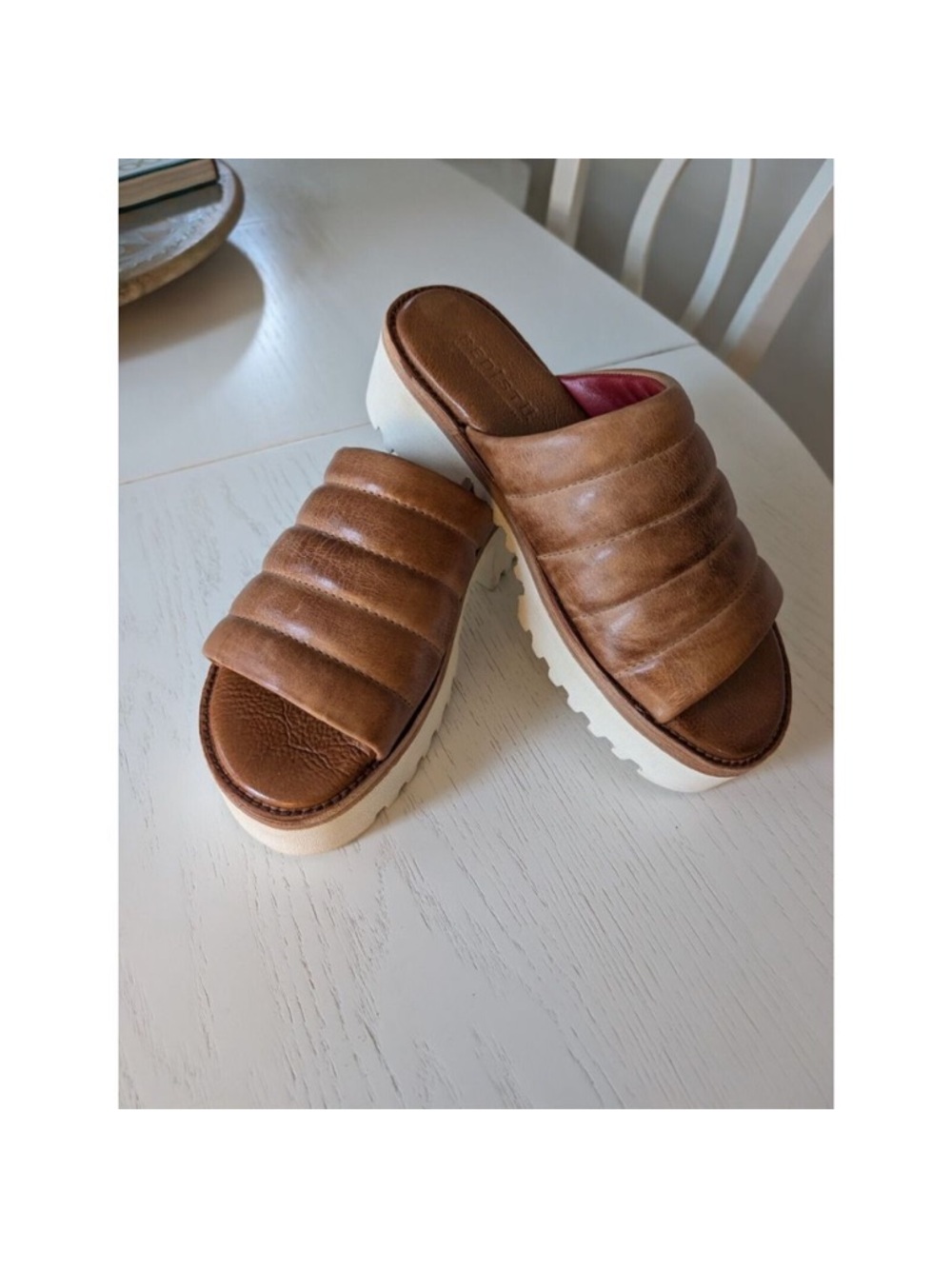 Bed Stu Brown Leather like NEW Padded Slide Sandals with White Platform